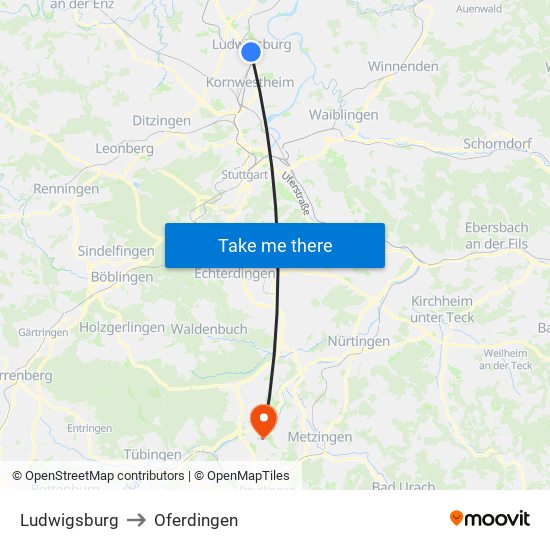 Ludwigsburg to Oferdingen map