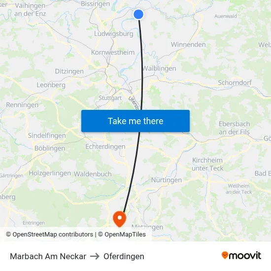 Marbach Am Neckar to Oferdingen map