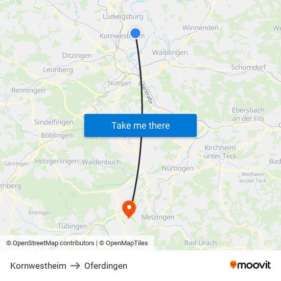 Kornwestheim to Oferdingen map