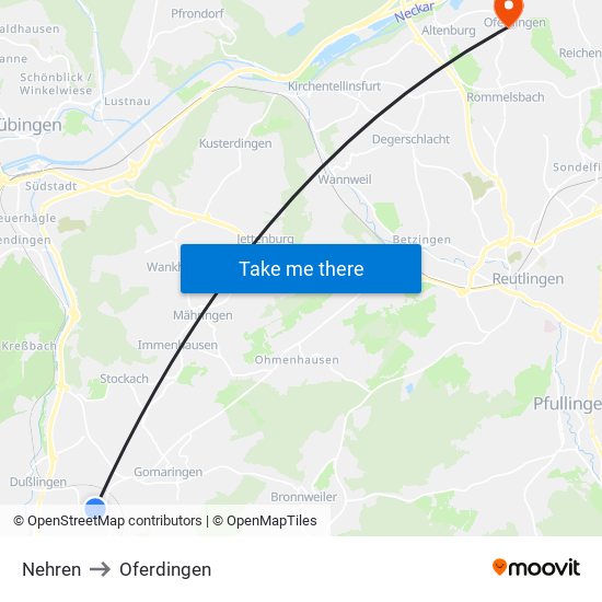 Nehren to Oferdingen map