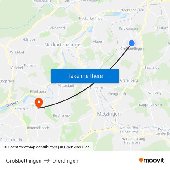 Großbettlingen to Oferdingen map