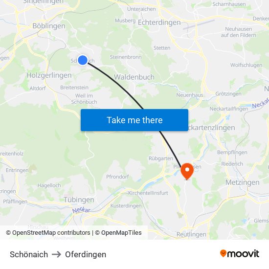 Schönaich to Oferdingen map