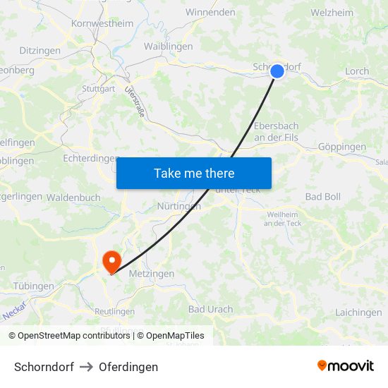 Schorndorf to Oferdingen map