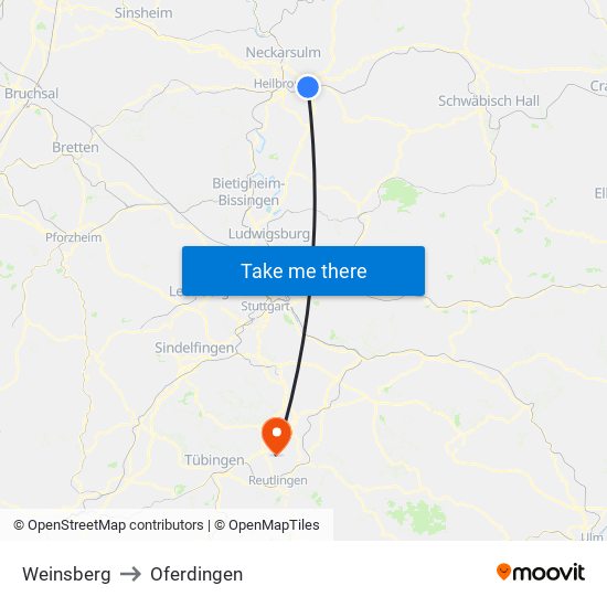 Weinsberg to Oferdingen map