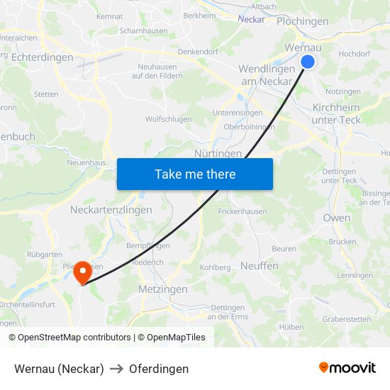 Wernau (Neckar) to Oferdingen map