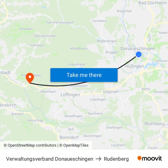 Verwaltungsverband Donaueschingen to Rudenberg map