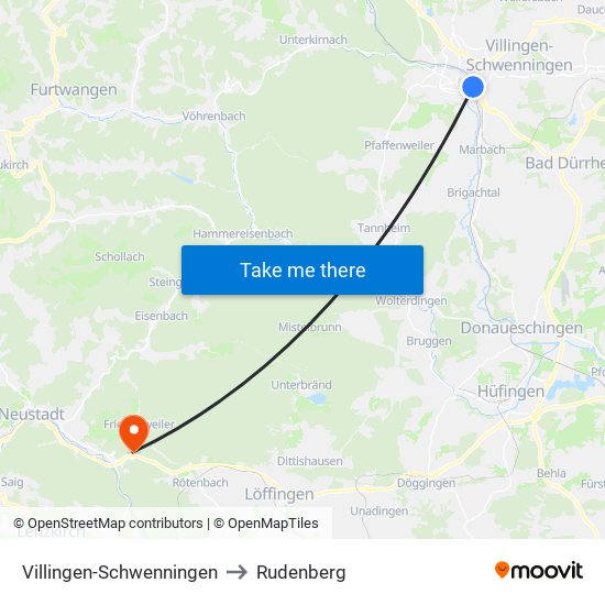 Villingen-Schwenningen to Rudenberg map