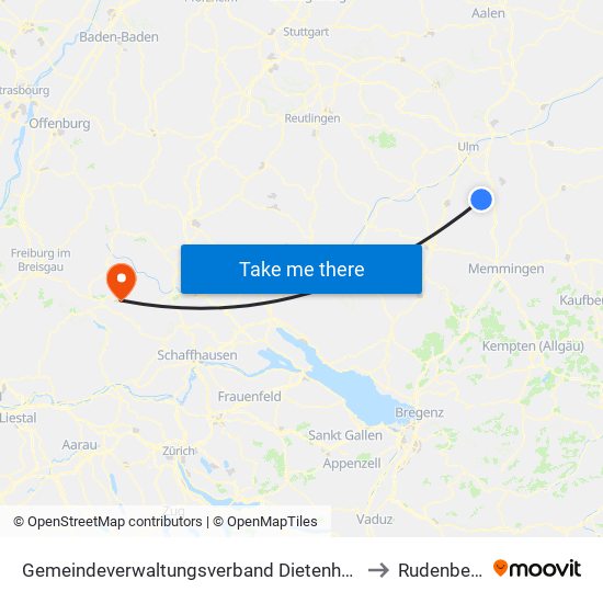 Gemeindeverwaltungsverband Dietenheim to Rudenberg map