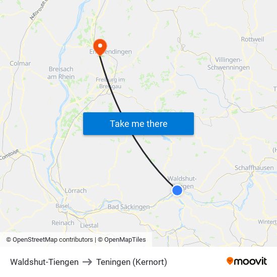 Waldshut-Tiengen to Teningen (Kernort) map