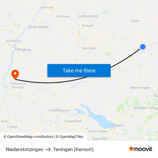 Niederstotzingen to Teningen (Kernort) map