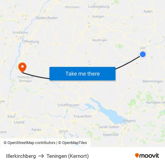 Illerkirchberg to Teningen (Kernort) map