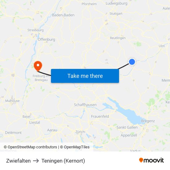 Zwiefalten to Teningen (Kernort) map