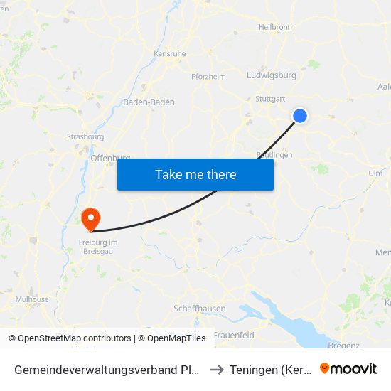 Gemeindeverwaltungsverband Plochingen to Teningen (Kernort) map