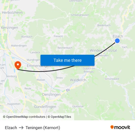 Elzach to Teningen (Kernort) map