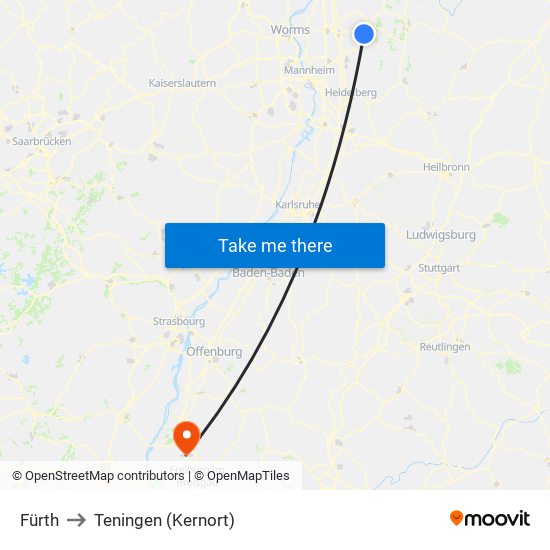 Fürth to Teningen (Kernort) map