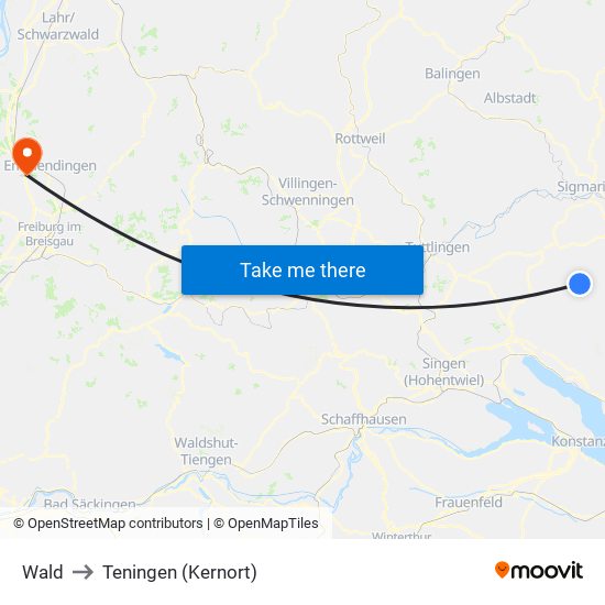 Wald to Teningen (Kernort) map