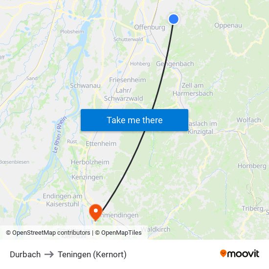 Durbach to Teningen (Kernort) map