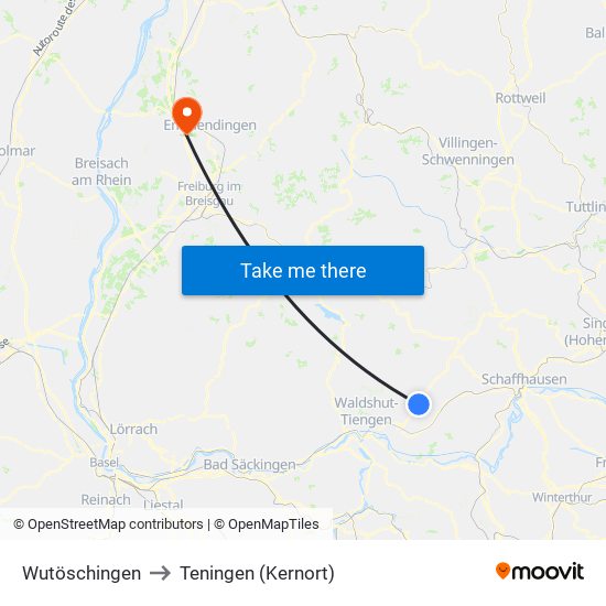 Wutöschingen to Teningen (Kernort) map