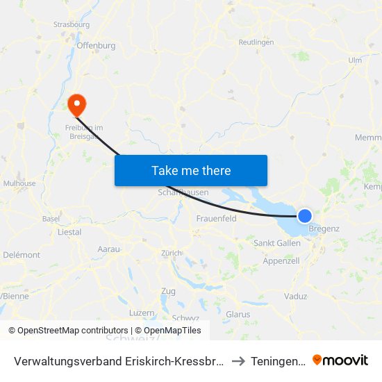 Verwaltungsverband Eriskirch-Kressbronn am Bodensee-Langenargen to Teningen (Kernort) map