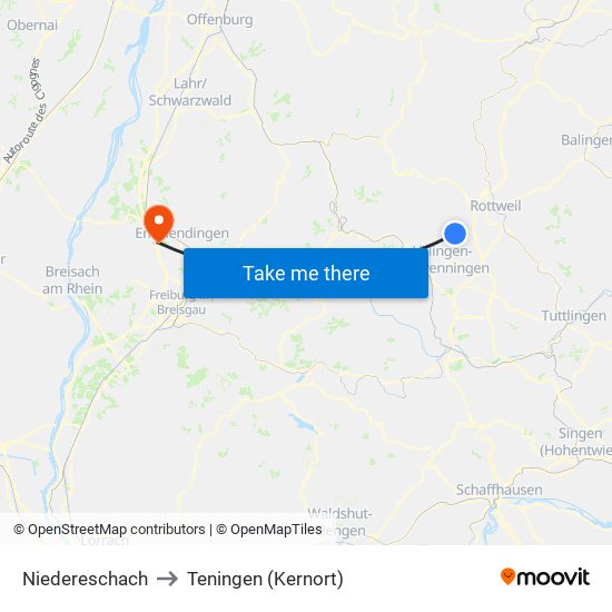 Niedereschach to Teningen (Kernort) map