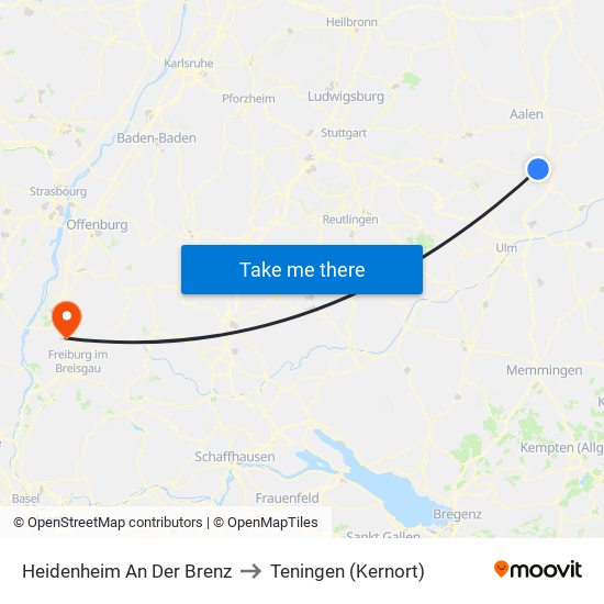 Heidenheim An Der Brenz to Teningen (Kernort) map