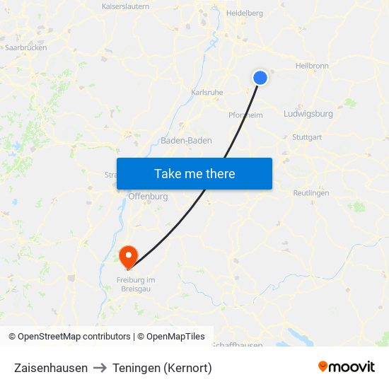 Zaisenhausen to Teningen (Kernort) map