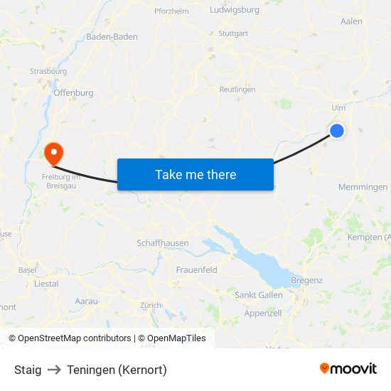 Staig to Teningen (Kernort) map