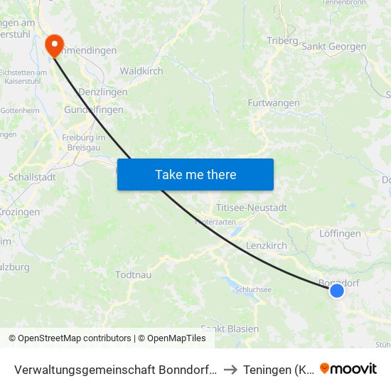 Verwaltungsgemeinschaft Bonndorf Im Schwarzwald to Teningen (Kernort) map