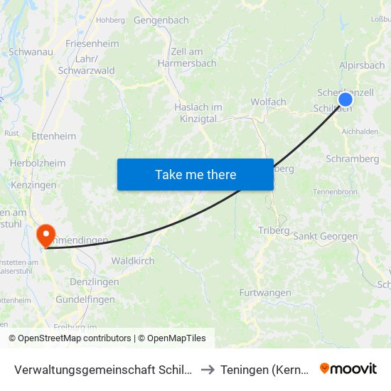 Verwaltungsgemeinschaft Schiltach to Teningen (Kernort) map