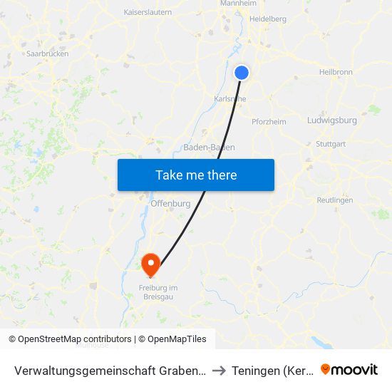 Verwaltungsgemeinschaft Graben-Neudorf to Teningen (Kernort) map