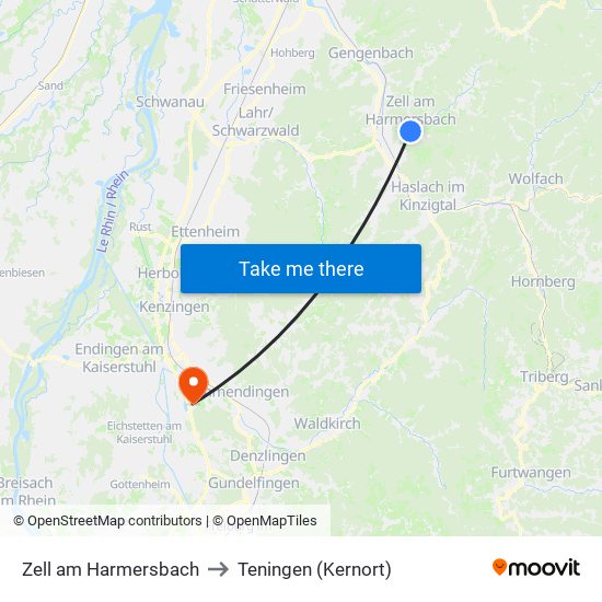 Zell am Harmersbach to Teningen (Kernort) map