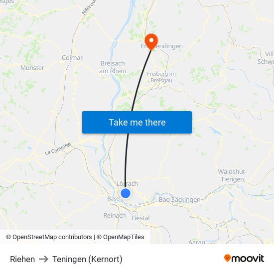 Riehen to Teningen (Kernort) map