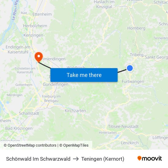 Schönwald Im Schwarzwald to Teningen (Kernort) map