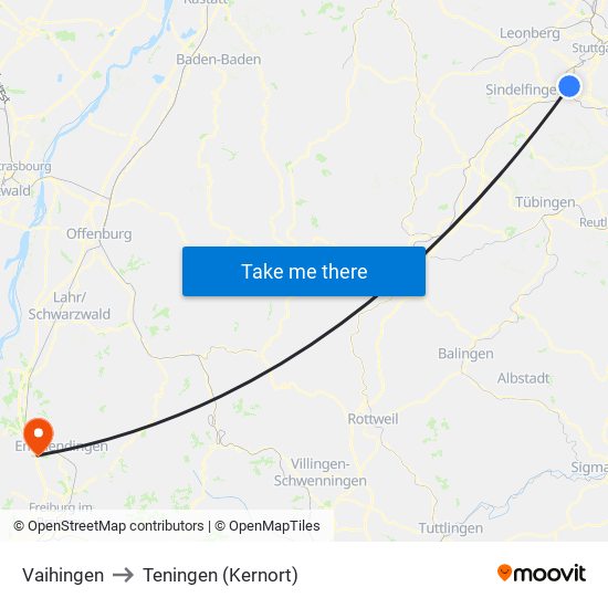 Vaihingen to Teningen (Kernort) map