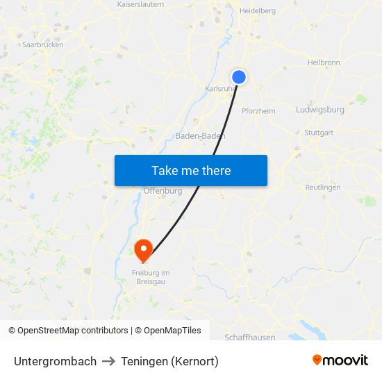 Untergrombach to Teningen (Kernort) map