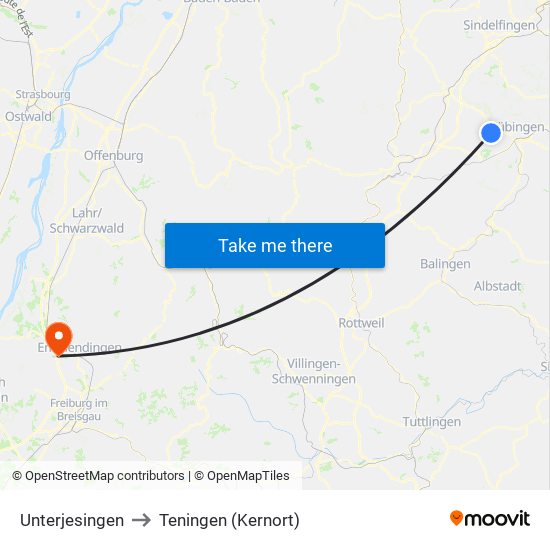 Unterjesingen to Teningen (Kernort) map