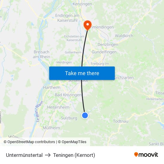 Untermünstertal to Teningen (Kernort) map