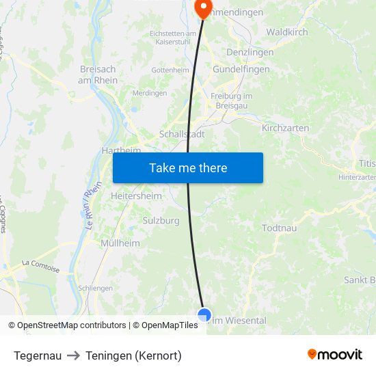 Tegernau to Teningen (Kernort) map