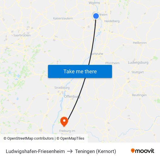 Ludwigshafen-Friesenheim to Teningen (Kernort) map