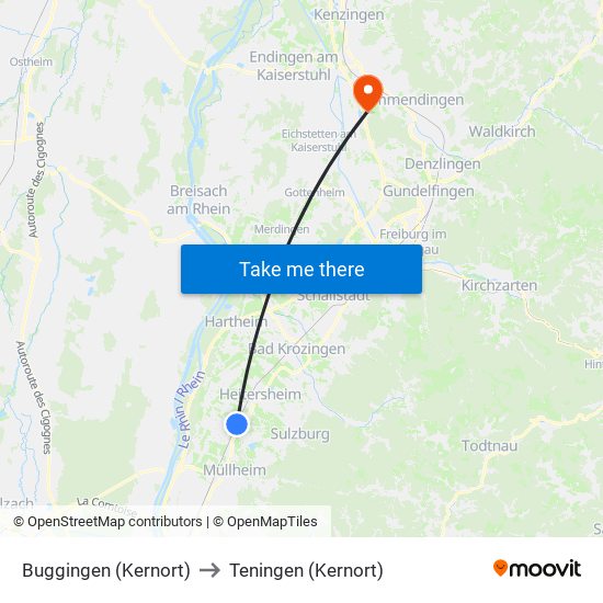 Buggingen (Kernort) to Teningen (Kernort) map