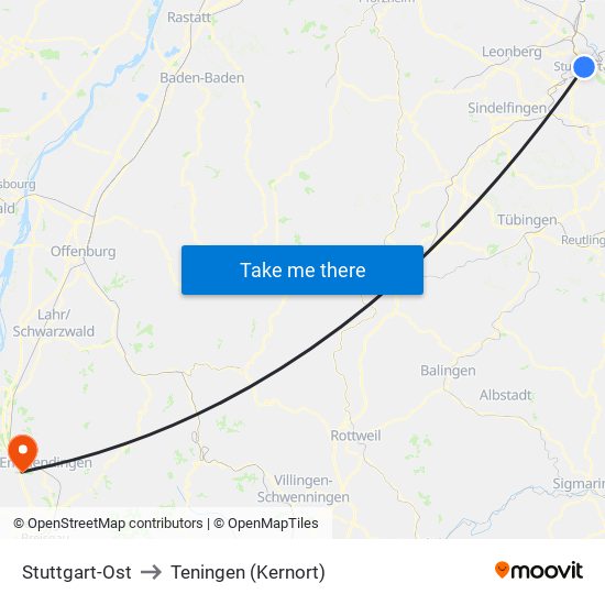 Stuttgart-Ost to Teningen (Kernort) map