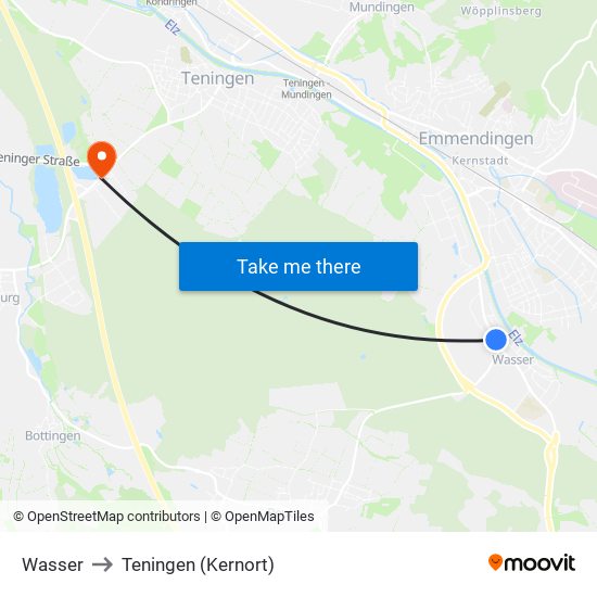 Wasser to Teningen (Kernort) map