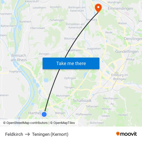 Feldkirch to Teningen (Kernort) map