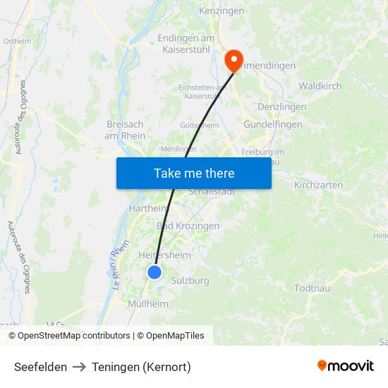 Seefelden to Teningen (Kernort) map