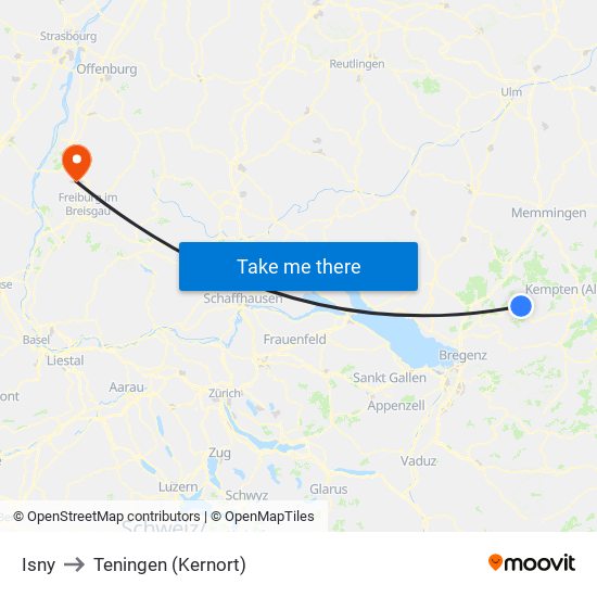 Isny to Teningen (Kernort) map