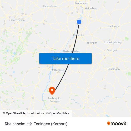 Rheinsheim to Teningen (Kernort) map