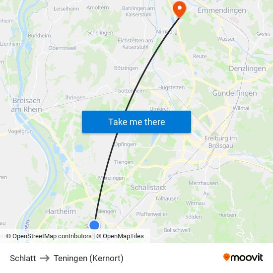 Schlatt to Teningen (Kernort) map