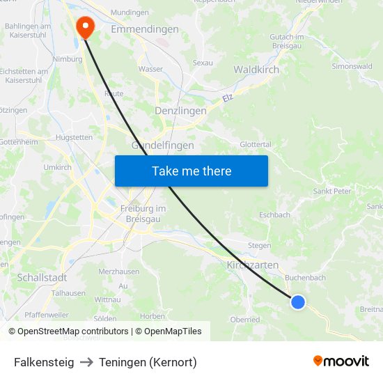 Falkensteig to Teningen (Kernort) map