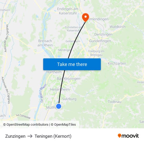 Zunzingen to Teningen (Kernort) map