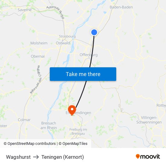 Wagshurst to Teningen (Kernort) map